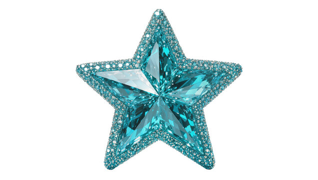 Sparkling faceted aquamarine star jewel with tiny diamond accents, isolated on transparent background