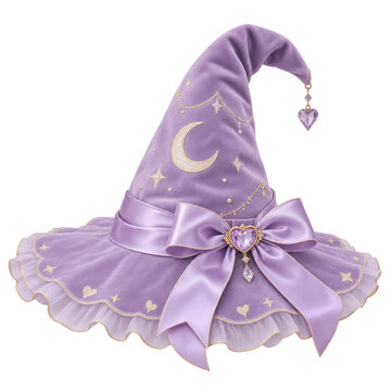 purple witch hat adorned with celestial embroidery, a large satin bow, and a dangling heart-shaped charm at the tip.