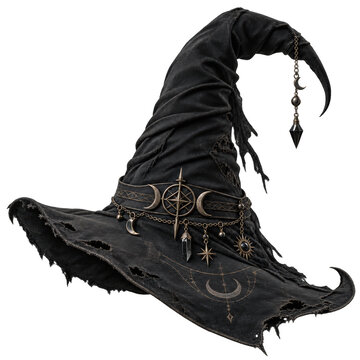  worn, black witch"s hat adorned with celestial charms including moons, stars, and crystals, featuring a tattered brim and a pointed, slightly bent top.
