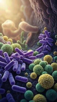 Microorganism colony thriving within a biological structure, displaying diverse bacterial cell form, intricate microscopic life, and essential internal organism process.