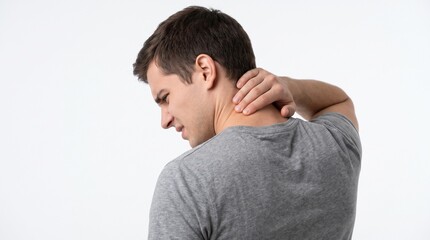 Fototapeta premium Young Man Suffering from Neck Pain and Muscle Stiffness Touching His Neck Isolated on White Background