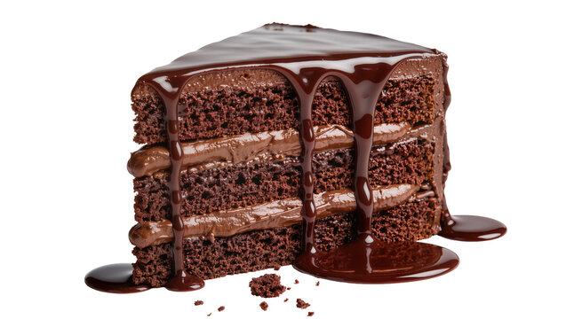 Decadent chocolate cake slice with rich fudge frosting and ganache, isolated on transparent background