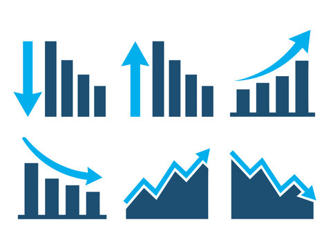 Business data and financial analytics icon set in a flat blue style featuring growth, decline, profit, loss, and trends.