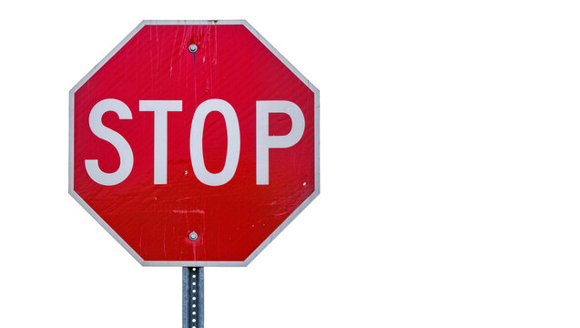 Red octagonal stop sign with white lettering, isolated on transparent background