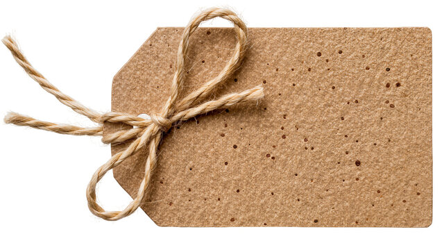Brown kraft paper tag with jute twine bow, isolated on transparent background