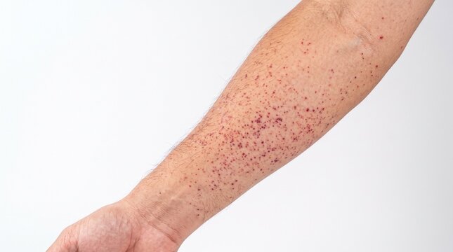 Close-up of a human arm with petechiae, small red or purple spots caused by minor bleeding under the skin, a common symptom in various medical conditions.