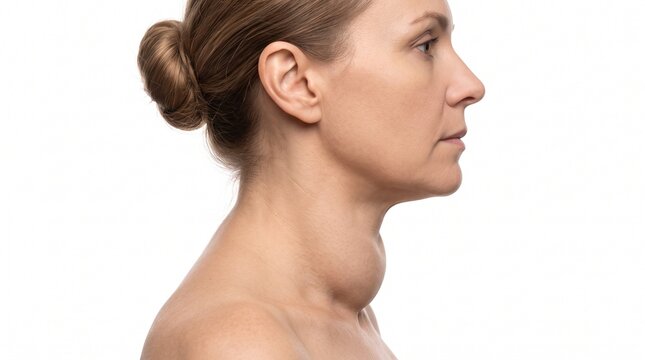 Profile view of a woman with a visible goiter or large lump on her neck, indicating a thyroid condition, isolated on white.
