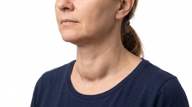Close-up of a woman with an enlarged thyroid gland or goiter on her neck, medical concept