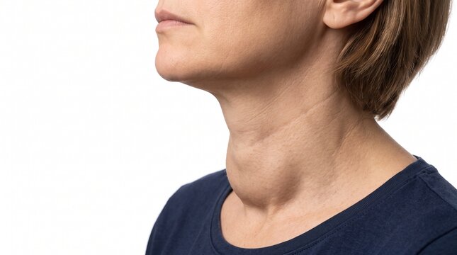 Close-up of a middle-aged woman with a visible goiter or thyroid lump on her neck, isolated on white background