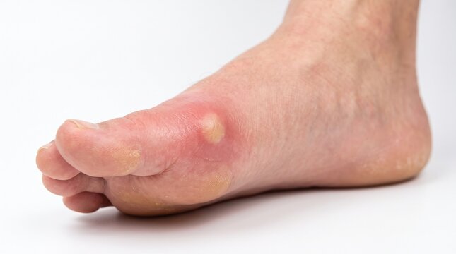 Acute gout attack on the big toe joint with visible tophus and inflammation
