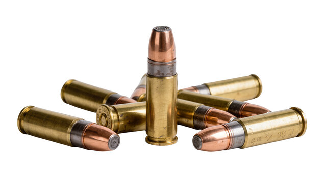 Scattered brass and copper bullets, isolated on transparent background