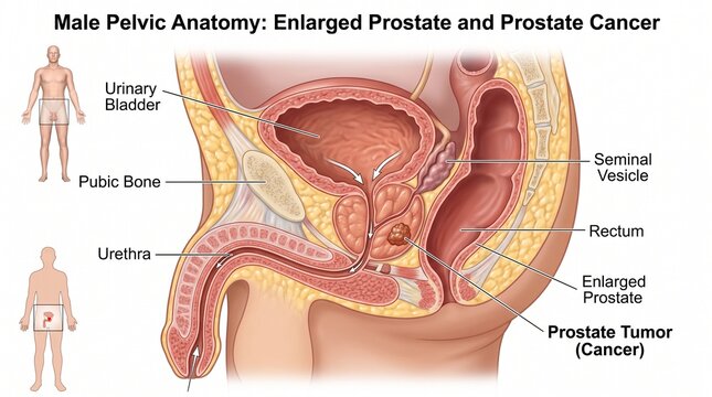Male Pelvic Anatomy Illustration Showing Enlarged Prostate and Prostate Cancer with Labels