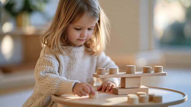 Wooden balance scale with small cylindrical weights on a low table beside a focused five year old measuring quantities, math readiness, weight concept, early numeracy tool,