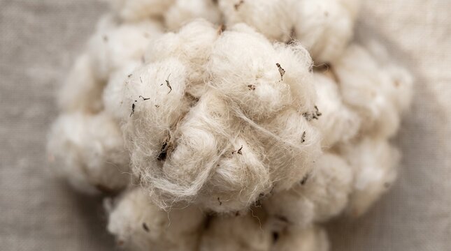 Raw unspun cotton fibers clumped together on a rustic surface