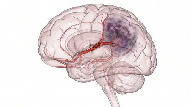 Medical illustration of a human brain showing an ischemic stroke caused by a blood clot in an artery.