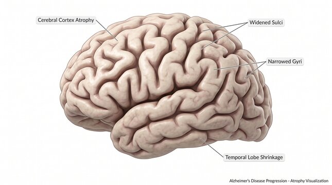 Medical illustration of a human brain showing the progression of Alzheimer's disease with cerebral cortex atrophy, widened sulci, narrowed gyri, and temporal lobe shrinkage.