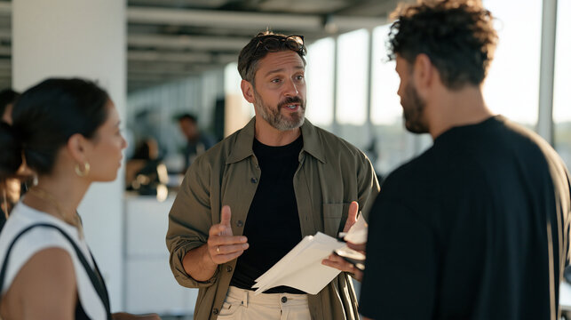 A software development team rehearses a product demo in golden hour office light, a pair of glasses pushed up on one developer's forehead mid explanation, minimal jewelry and
