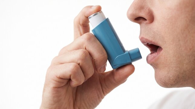 Close-up of a man using a blue metered-dose inhaler for asthma treatment isolated on a white background