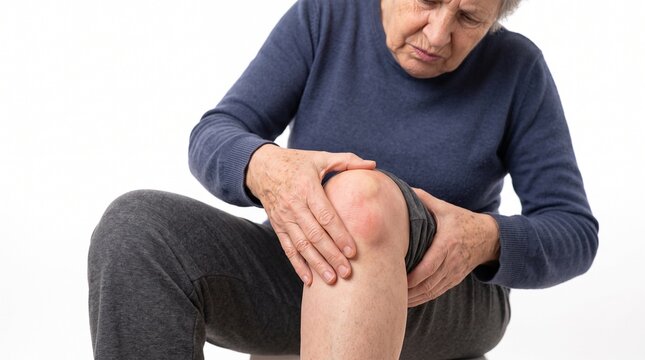 Senior Woman Suffering from Severe Knee Pain and Inflammation, Isolated on White Background