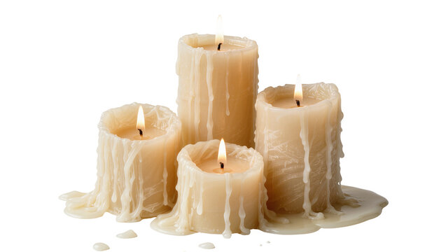 Four dripping cream pillar candles with flames, isolated on transparent background
