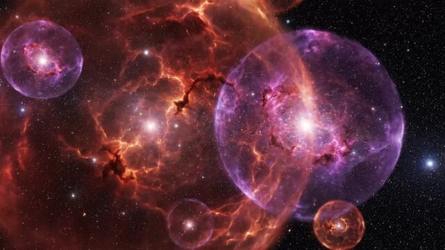 Abstract illustration of multiple universes, bubble universes, and cosmic structures merging within a vast star field