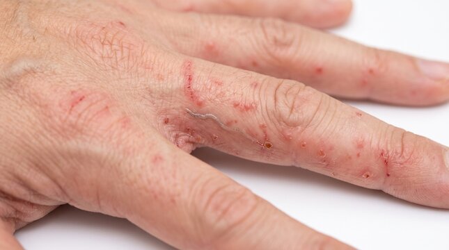 Close-up of hand with severe scabies skin infestation, showing characteristic burrows and red itchy rash on fingers