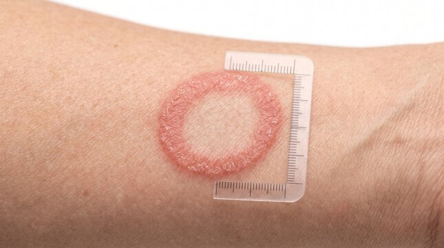 Close-up of a circular red rash on a person's arm being measured with a ruler, identifying ringworm (tinea corporis)