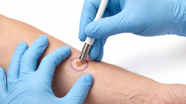 Close-up of a dermatologist performing a punch biopsy on a mole for skin cancer screening
