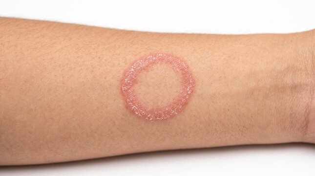 Ringworm fungal infection on human skin of forearm, tinea corporis closeup