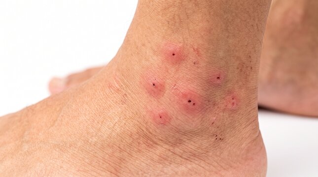 Close-up of itchy red insect bites on a person's ankle, possibly from mosquitoes or fleas.