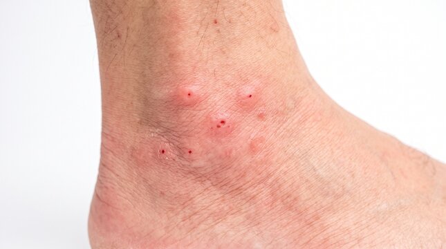 Multiple itchy red insect bites on human ankle skin showing inflammation and swelling