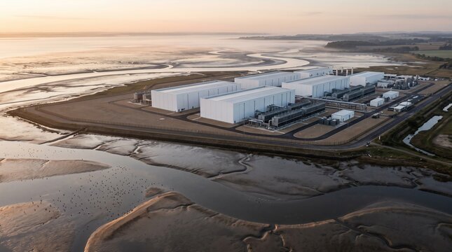 Data Center Estuary Campus Above Tidal Mudflats At Sunrise