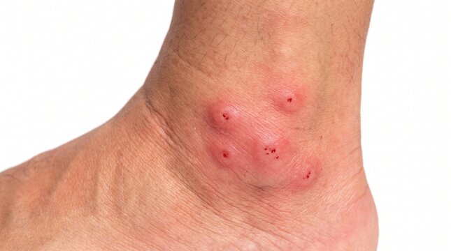 Close-up of Swollen and Red Insect Bites or Stings on a Human Ankle