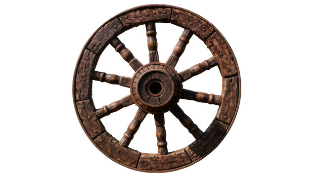 Rustic wooden wagon wheel with metal accents, isolated on transparent background
