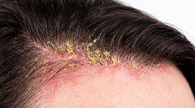Close-up view of seborrheic dermatitis on a person's scalp and hairline showing red inflammation and yellow crusty flakes.