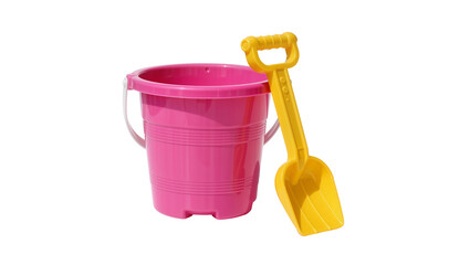 Pink plastic bucket and yellow shovel toy, isolated on transparent background © Maria