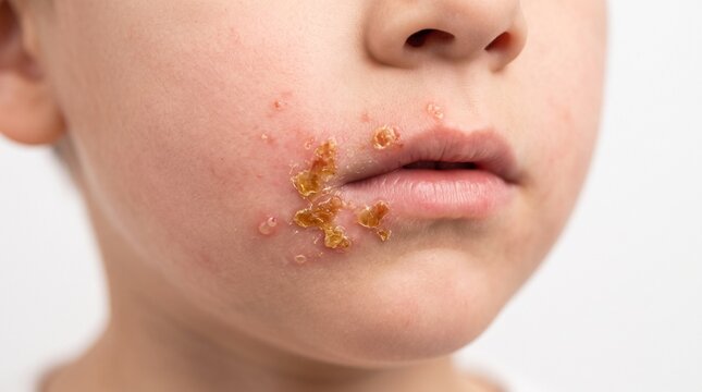 Close-up of a young child's face with impetigo, a common and highly contagious bacterial skin infection, showing honey-colored crusting and sores around the mouth.