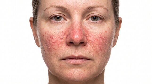 Close-up of a middle-aged woman's face with rosacea skin condition, showing redness and broken capillaries on cheeks and nose
