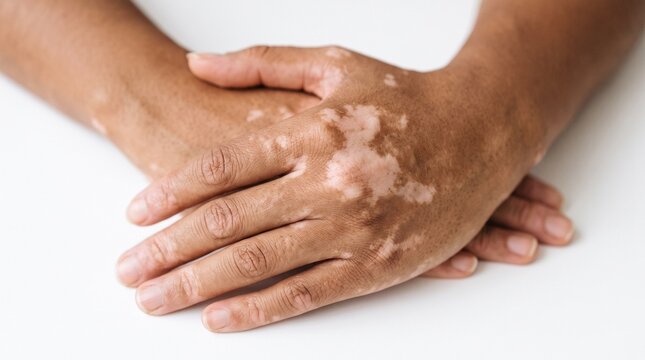 Close-up of hands with vitiligo skin condition showing depigmentation patches