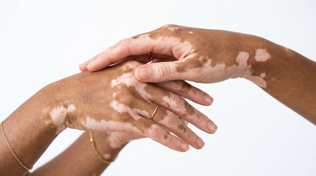 Close-up of two hands with vitiligo skin condition, symbolizing acceptance and body positivity