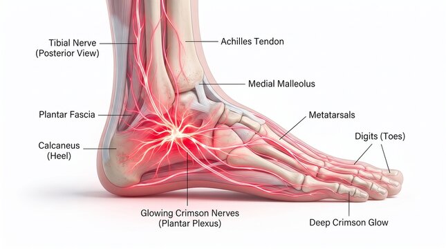 Anatomical illustration of a human foot with labeled bones, nerves, and tendons, highlighting the plantar plexus in crimson glow.