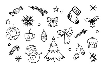Fototapeta premium Vector set of hand drawn Christmas and New Year doodles on white background. Black line art collection
