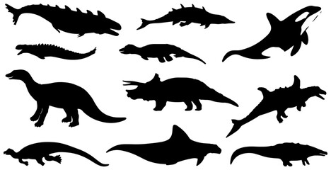 Dinosaur Silhouettes Collection, Prehistoric Creatures Vector Pack, Ancient Reptiles and Marine Mammals Graphic Set, Jurassic Era Wildlife Icons © MD