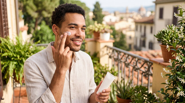 Young man applying sunscreen cream on his face on a sunny balcony