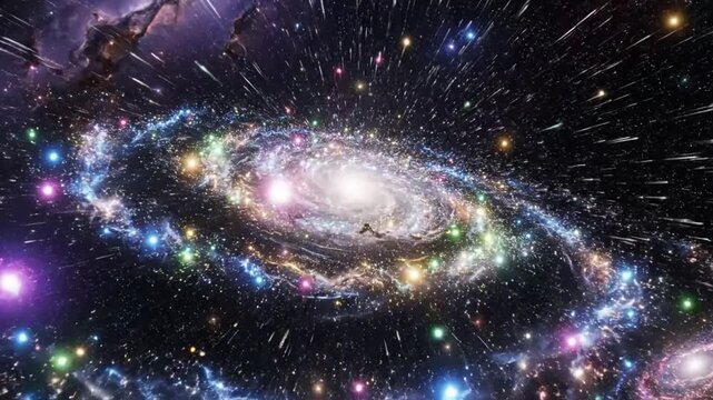 Epic and stunning view of a vast spiral galaxy swirling with vibrant colors and cosmic stardust against a dark starry backdrop