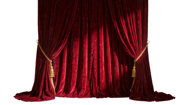 Rich red velvet theater curtains with gold tassels, isolated on transparent background