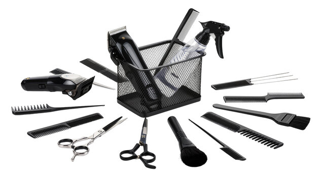 Barber tools including clippers combs scissors and spray bottle, isolated on transparent background