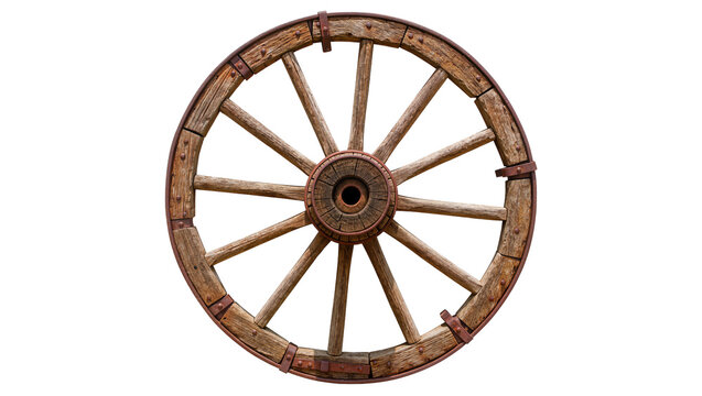 Rustic wooden wagon wheel with metal spokes, isolated on transparent background