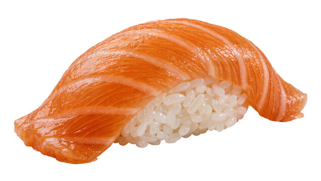 Fresh salmon nigiri sushi with sticky rice, isolated on transparent background
