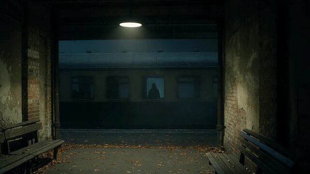 Cinematic dark train station at night with a mysterious hooded figure silhouetted in a window, eerie overhead lighting, and scattered autumn leaves.